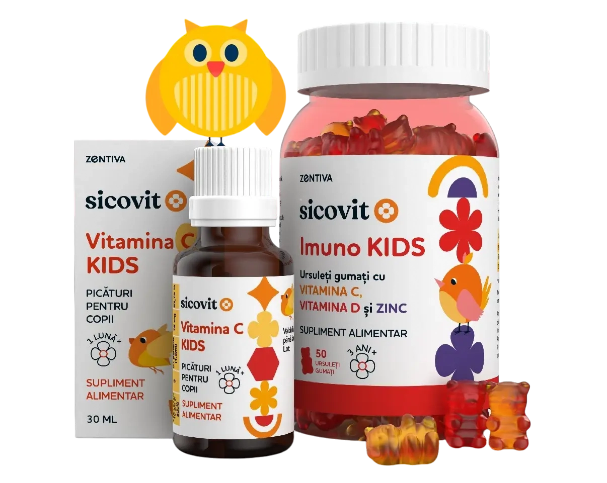 Produsele Sicovit Kids de la Zentiva – suplimente alimentare pentru copii, inclusiv picături cu vitamina C și ursuleți gumati cu vitaminele C, D și zinc. Ambalaje colorate, decorate cu elemente jucăușe, precum păsări și flori, alături de o simpatic bufniță galbenă. Oferă suport pentru imunitatea celor mici, cu formule adaptate diferitelor vârste.