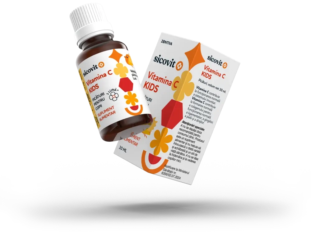 Flacon și ambalaj Sicovit Vitamina C KIDS – supliment alimentar sub formă de picături pentru copii. Design modern, cu elemente grafice colorate și informații despre beneficiile vitaminei C pentru imunitate și sănătatea organismului. Flacon de 30 ml destinat copiilor de la 1 lună.