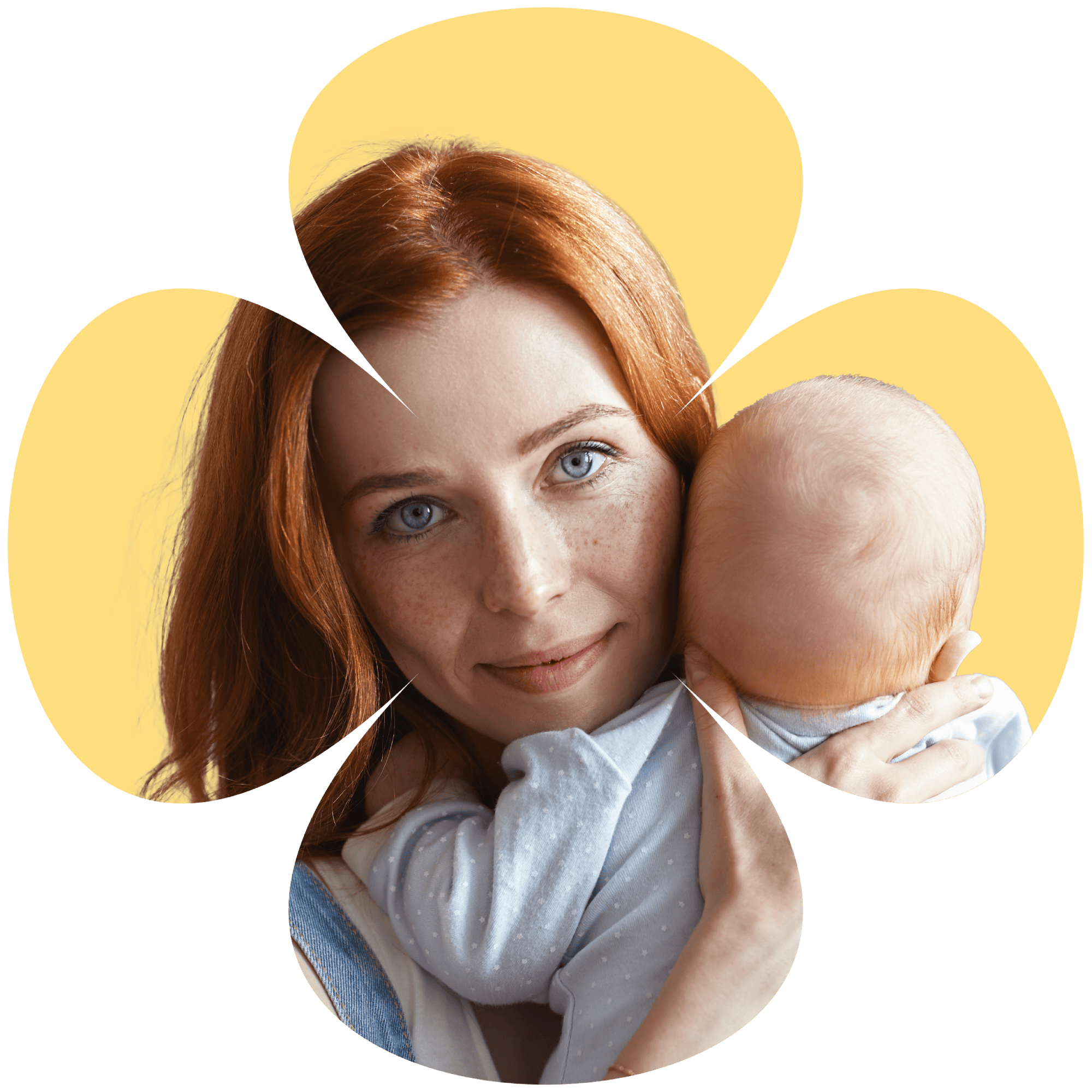 O mamă cu păr roșcat și ochi albaștri își ține bebelușul aproape, cu o privire caldă și protectoare, pe un fundal galben.